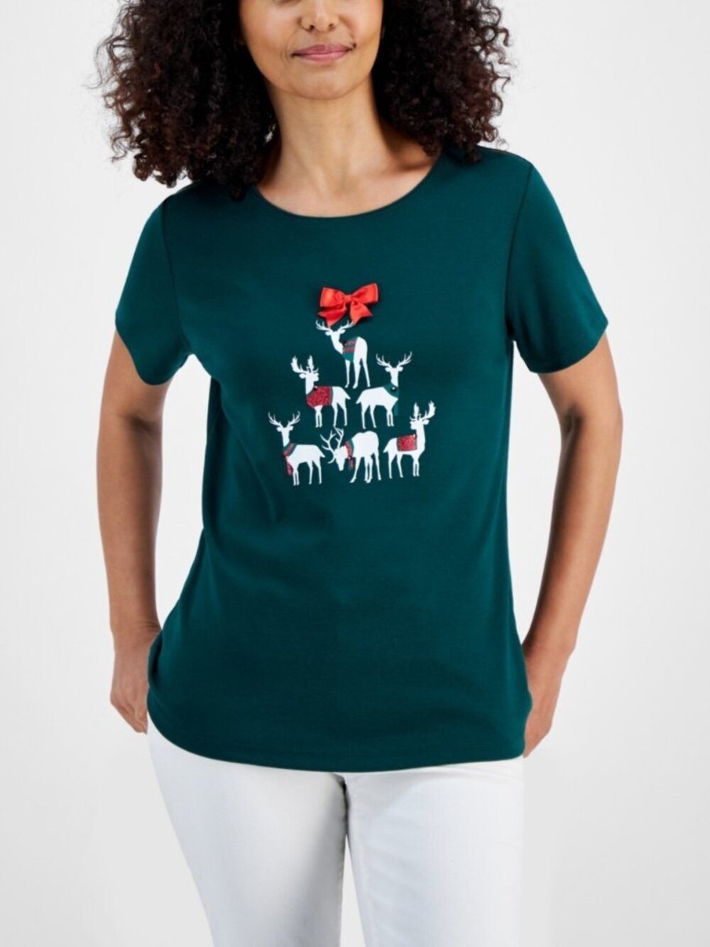 Holiday Lane Women's Deer Celebration Short-Sleeve Top Spruce Night Combo XL